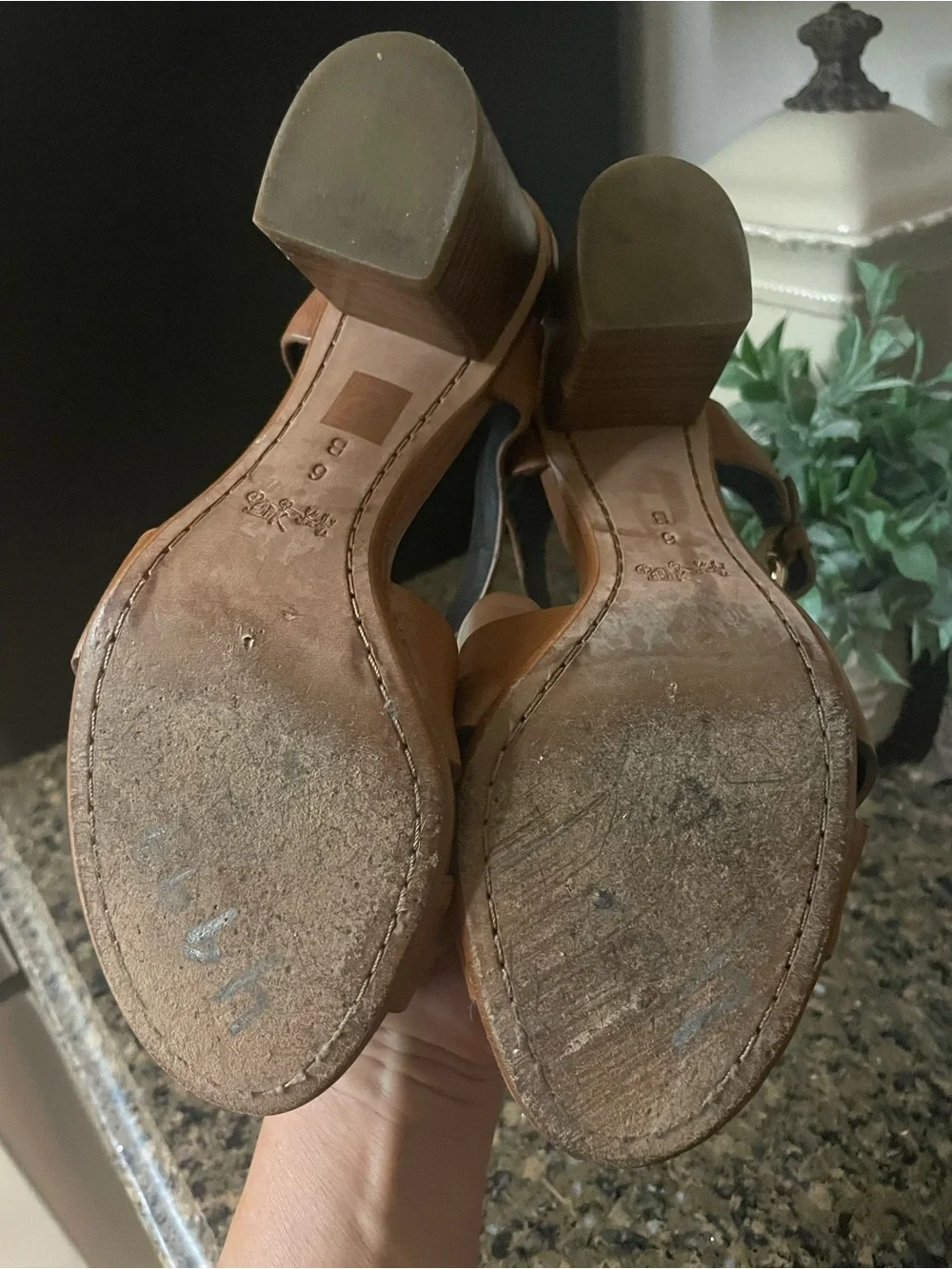 Coach Tan Leather Block-Heel Sandals with Gold Chain Accent
